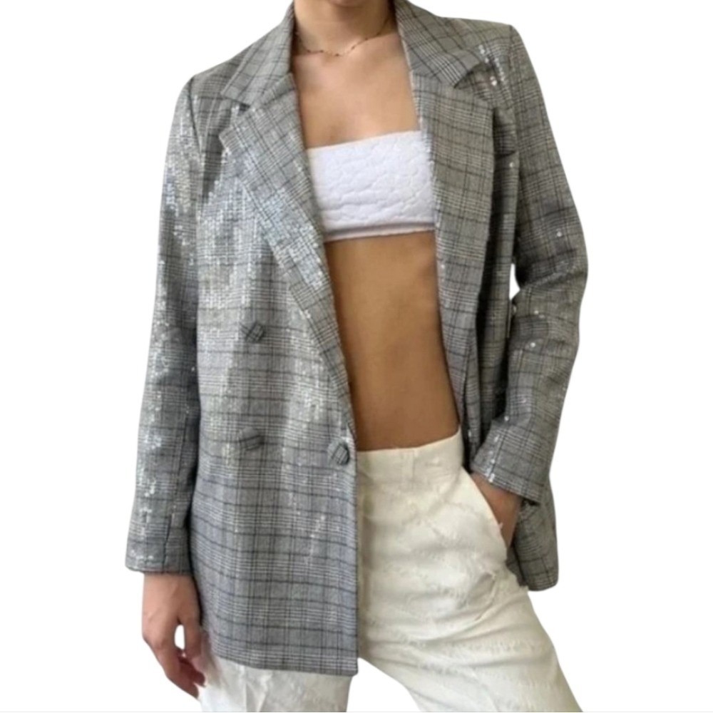 Jason Wu Sequin Silver Plaid‎ Blazer Jacket Party Career Business Size Large New